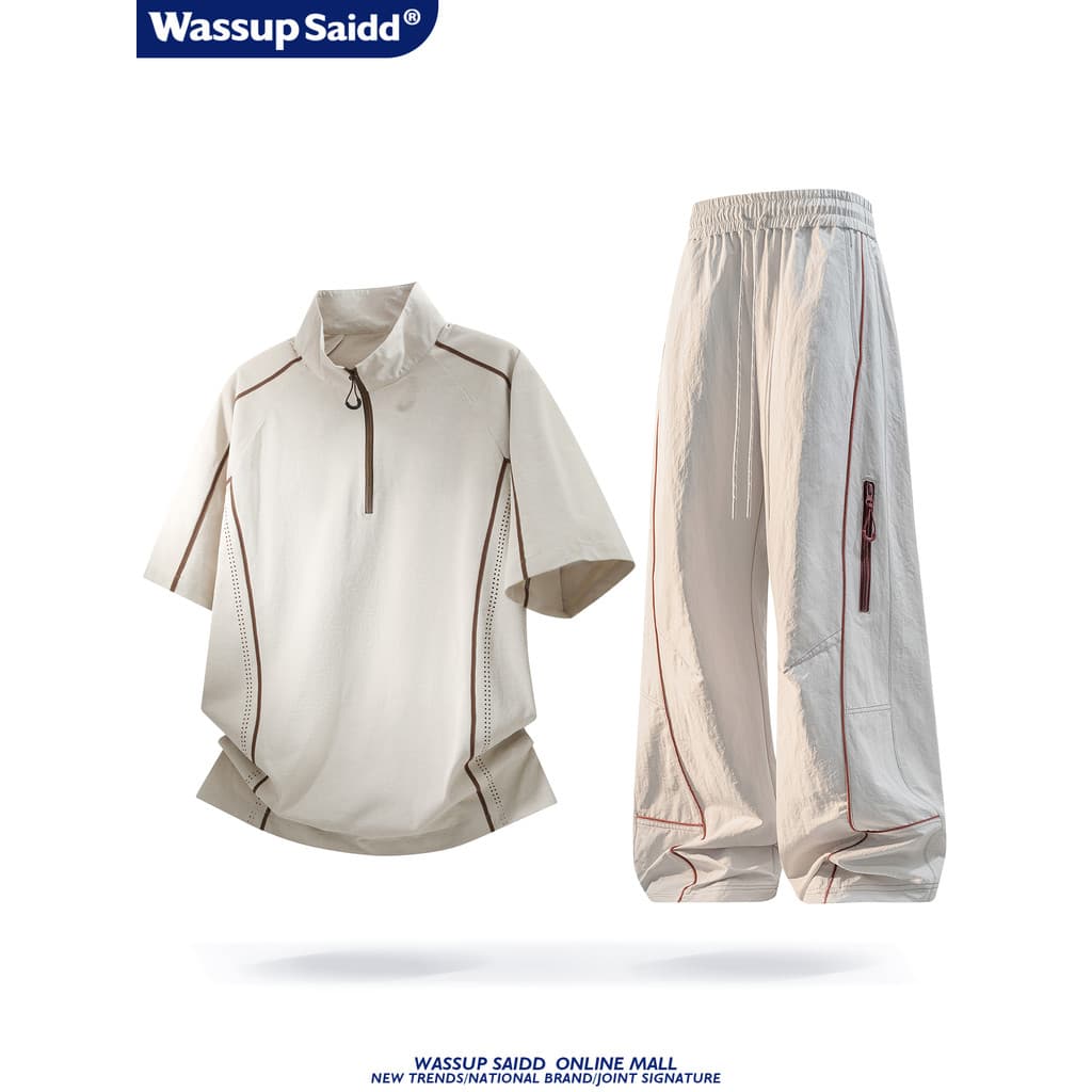 WASSUP SAIDD Gola Meio Zíper Manga Curta Terno Esportivo Masculino Verão Respirável Casual Calças Ao Ar Livre Na Moda