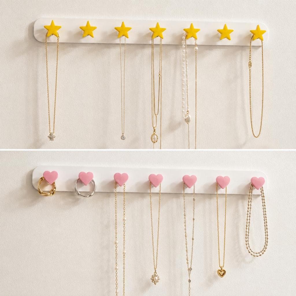 Organizador Porta Colares de Parede Ganchos Coração Estrela- Suporte para Joias e Bijuterias Decorativo