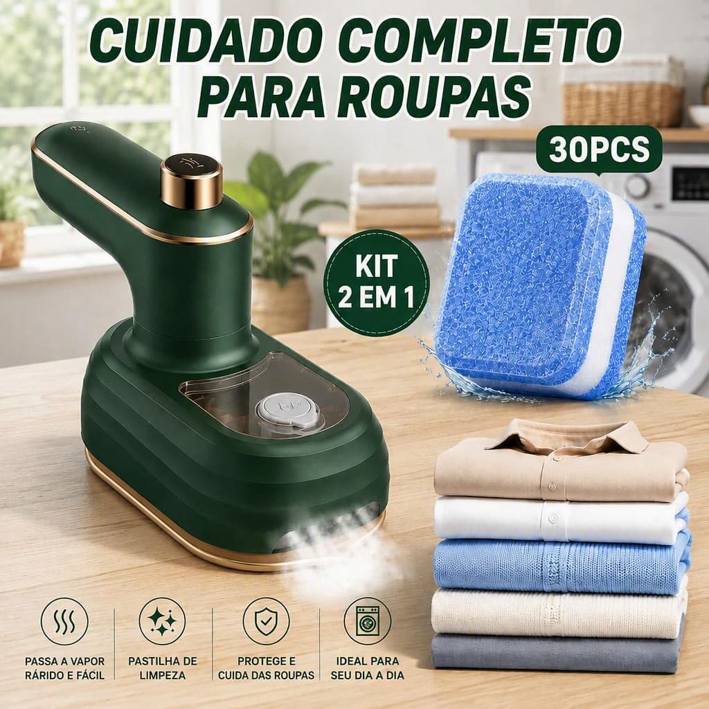 Kit Passadeira de Roupas a Vapor Portatil Mini Bivolt e 30 Pastilhas Higienizadoras