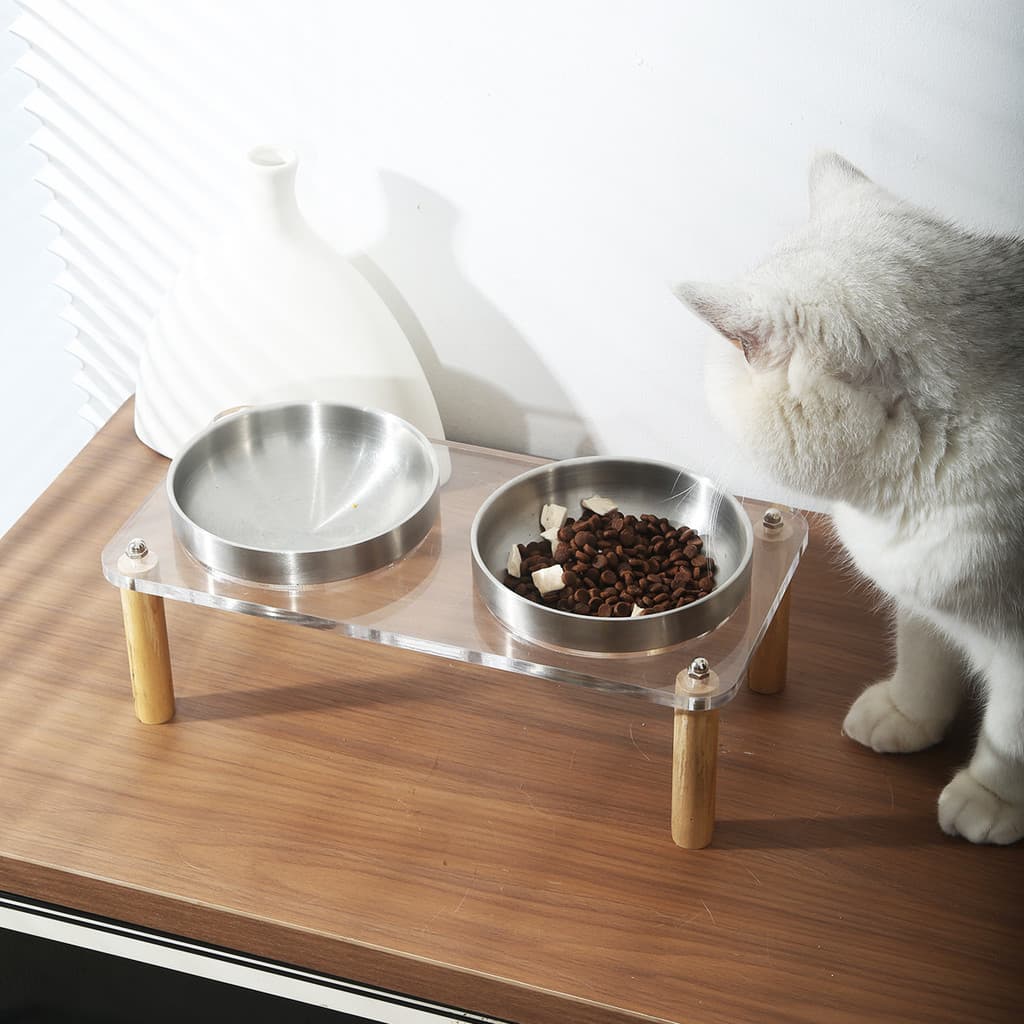 Ins estilo Pet madeira maciça acrílico tigela dupla Rack 304 aço inoxidável tigela de gato cão comer tigela comida de ga