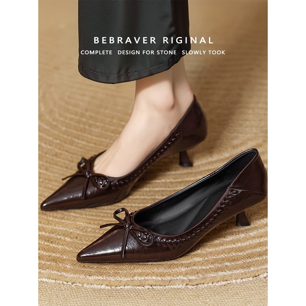 Couro genuíno apontou Toe boca rasa salto alto feminino primavera outono gato sapatos de salto arco salto Stiletto franc
