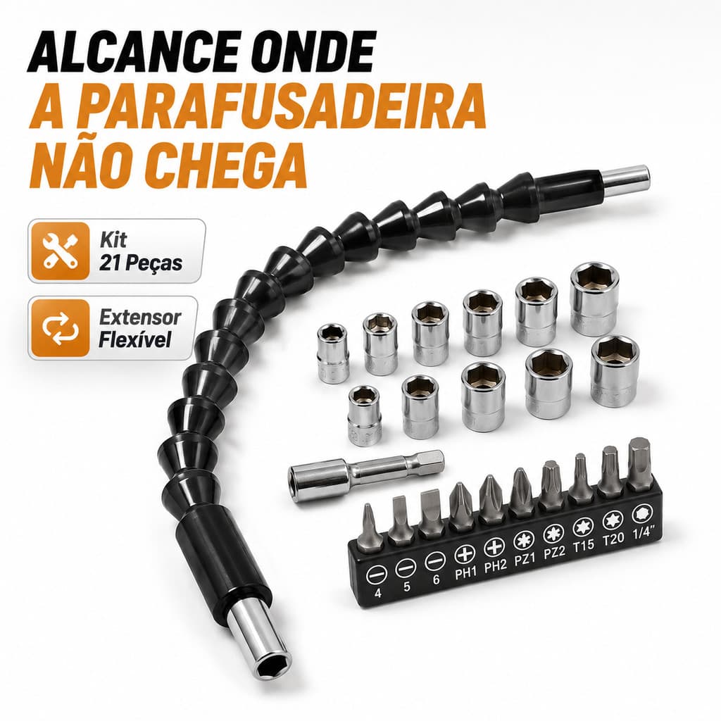 Extensão Eixo Prolongador 1/4 Braço Fléxivel 30cm Extensor Adaptador Parafusadeira Furadeira Kit 21 peças