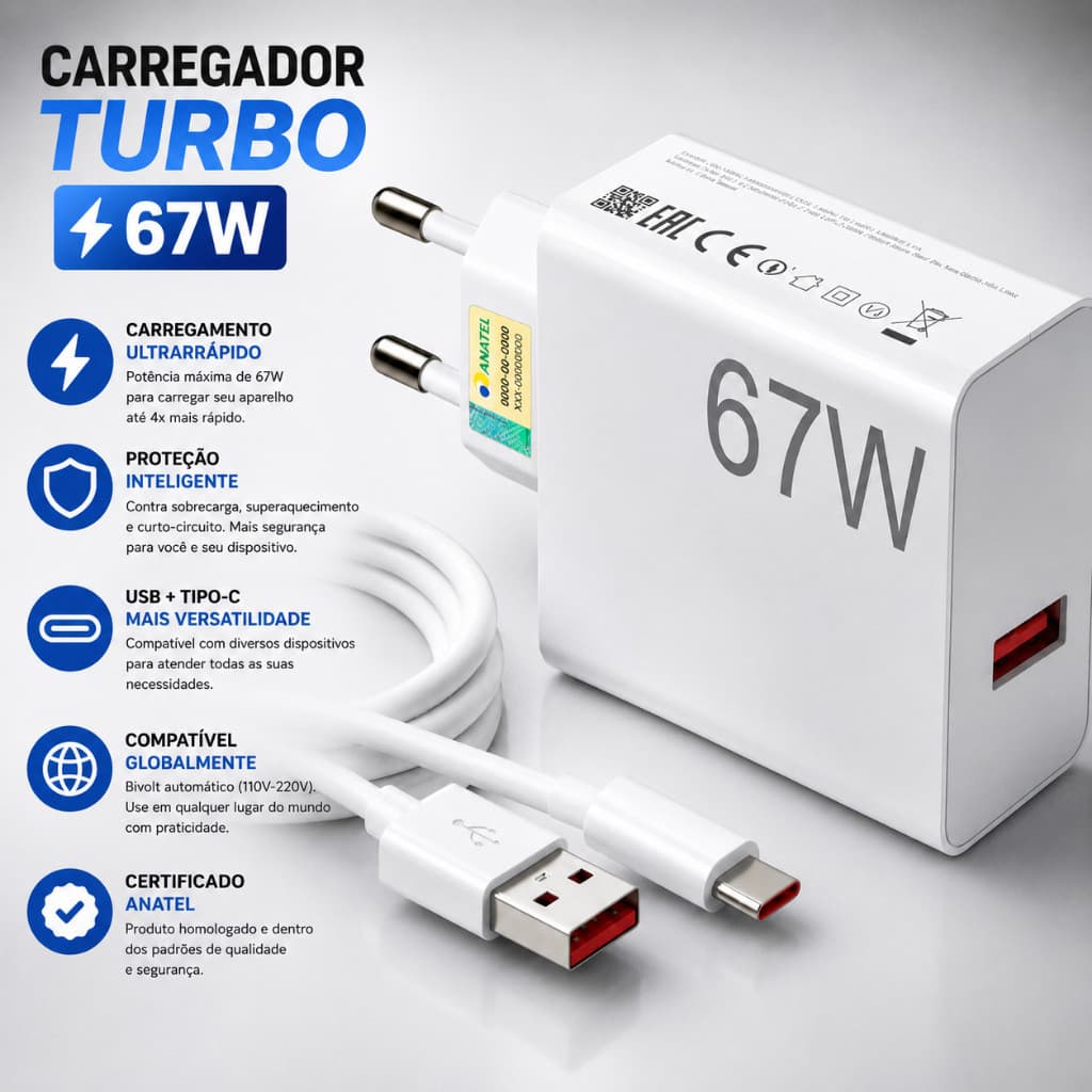 Kit Carregador Cabo E Fonte USB-C Turbo 67W Xiaom Redm Note Poco X7 X8 Carga Rápida Homologado Anatel