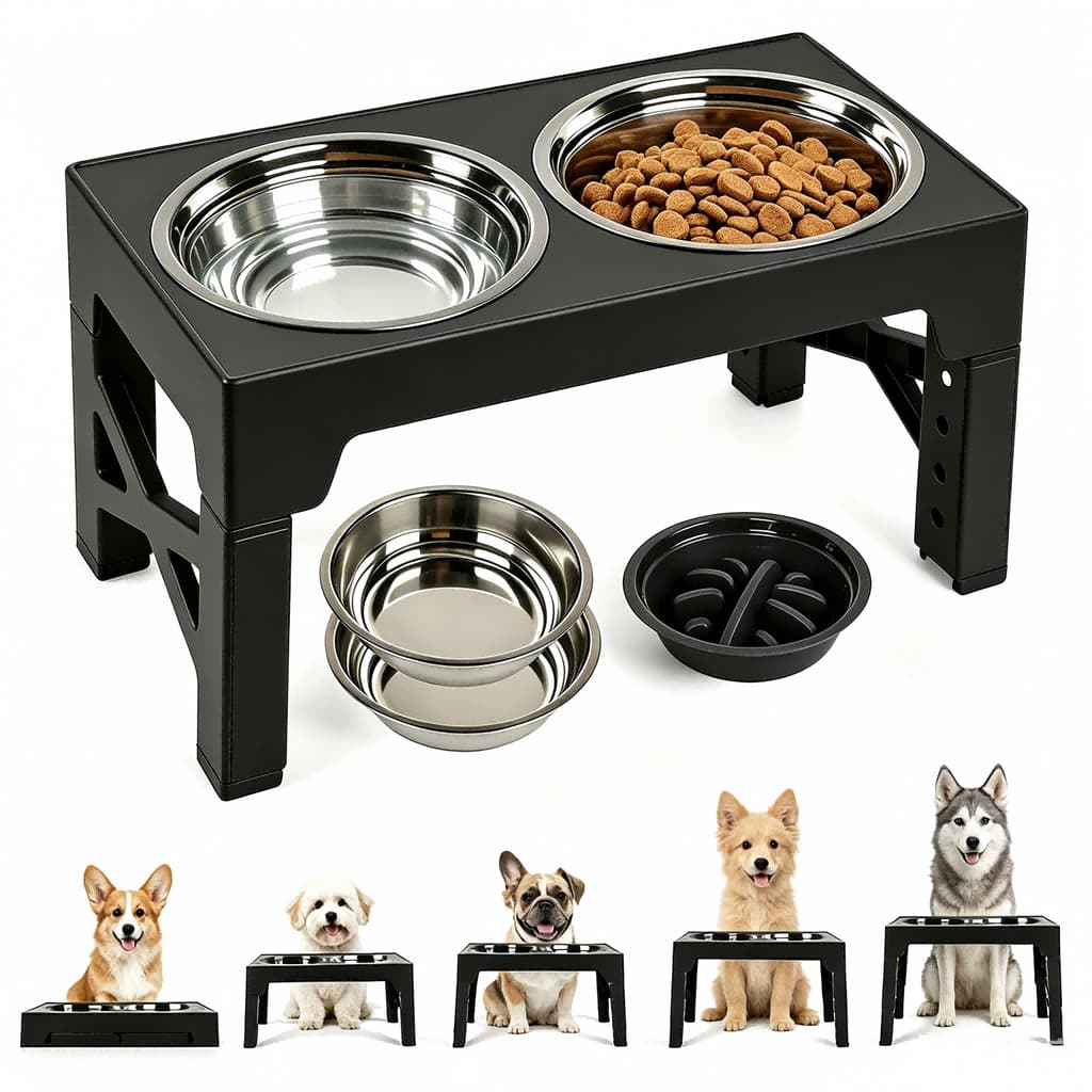 Comedouro Elevado Preto Ajustável 5 Níveis para Cães Dobrável, 2 Tigelas Inox + Comedouro Lento