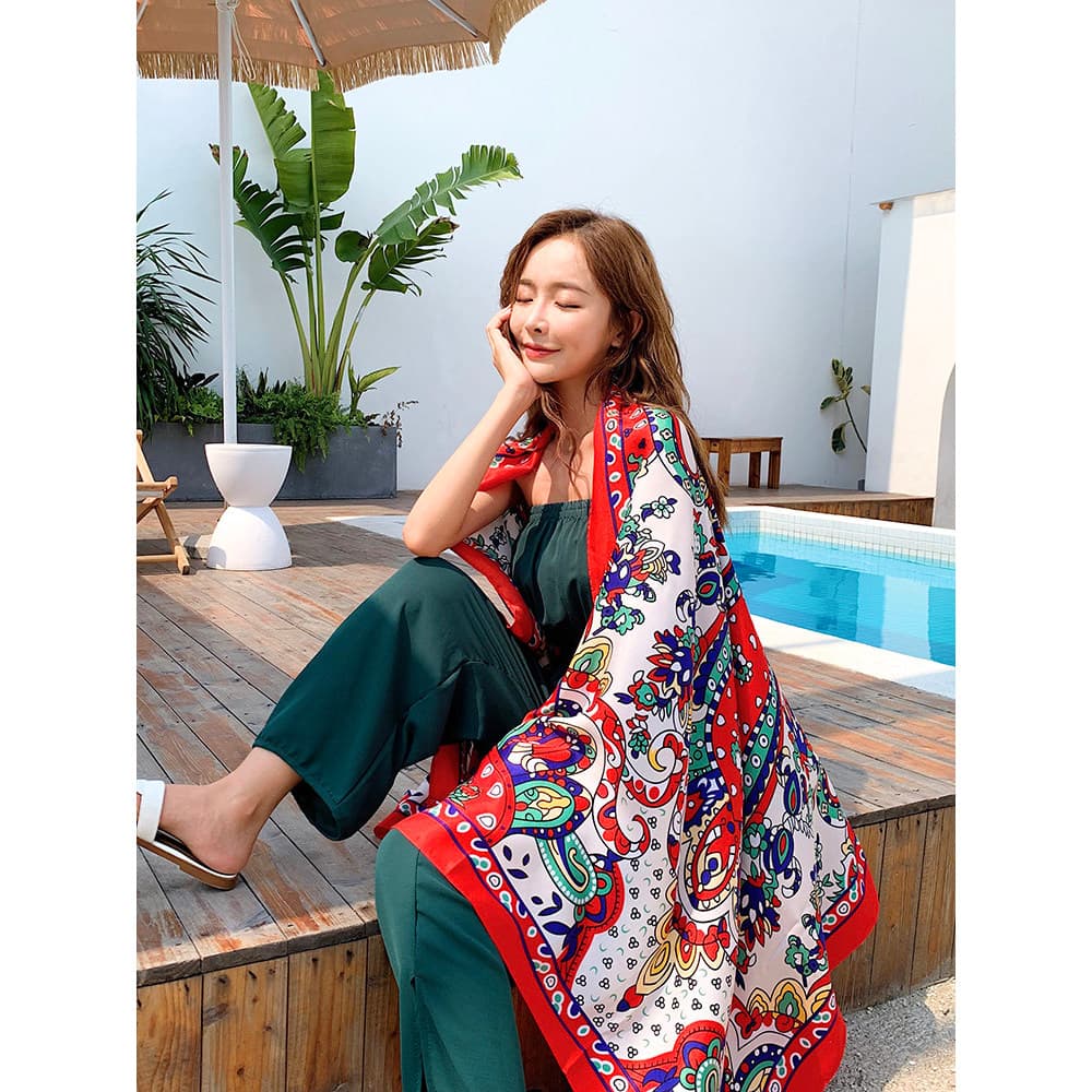 Aiyousi cachecol feminino verão beira-mar protetor solar cachecol novo estilo gaze estilo étnico flor praia cachecol via