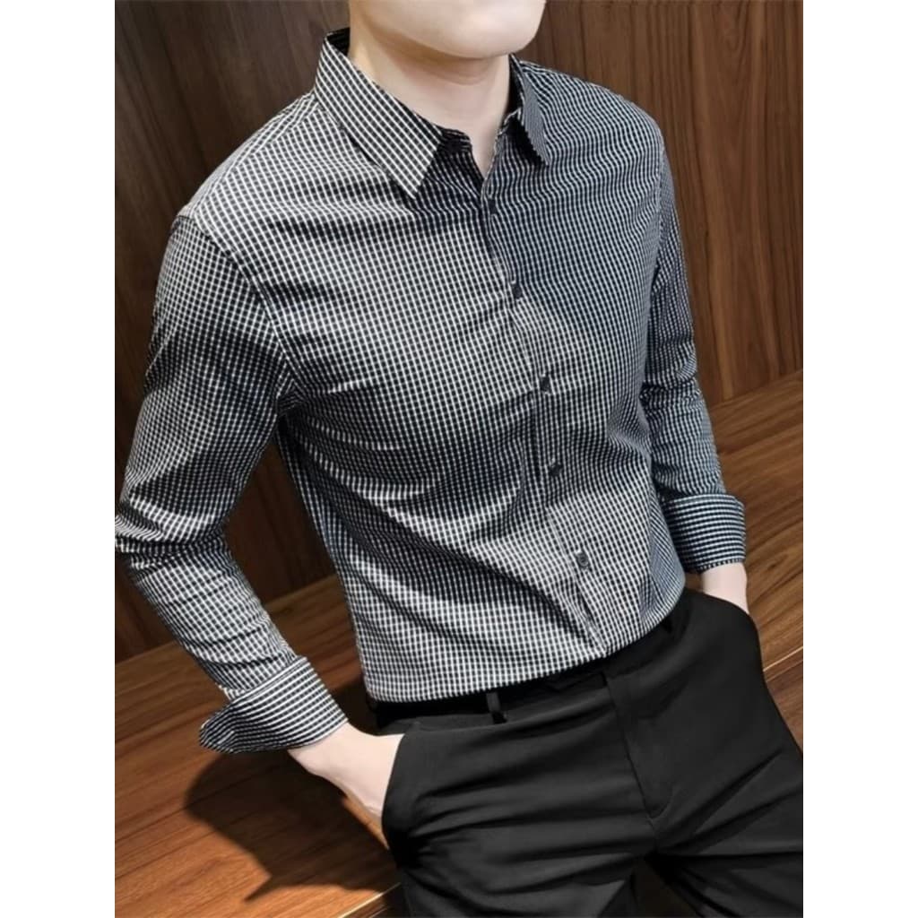 Primavera outono xadrez negócios camisa de manga comprida masculina novo estilo bonito magro-ajuste camisa High-End outo