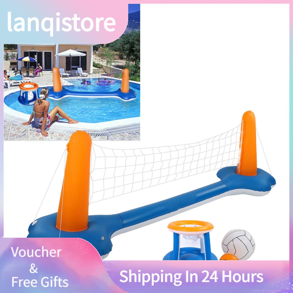 Lanqistore Topincn piscina inflável conjunto de vôlei e basquete com rede ajustável 2 sacos de peso para crianças
