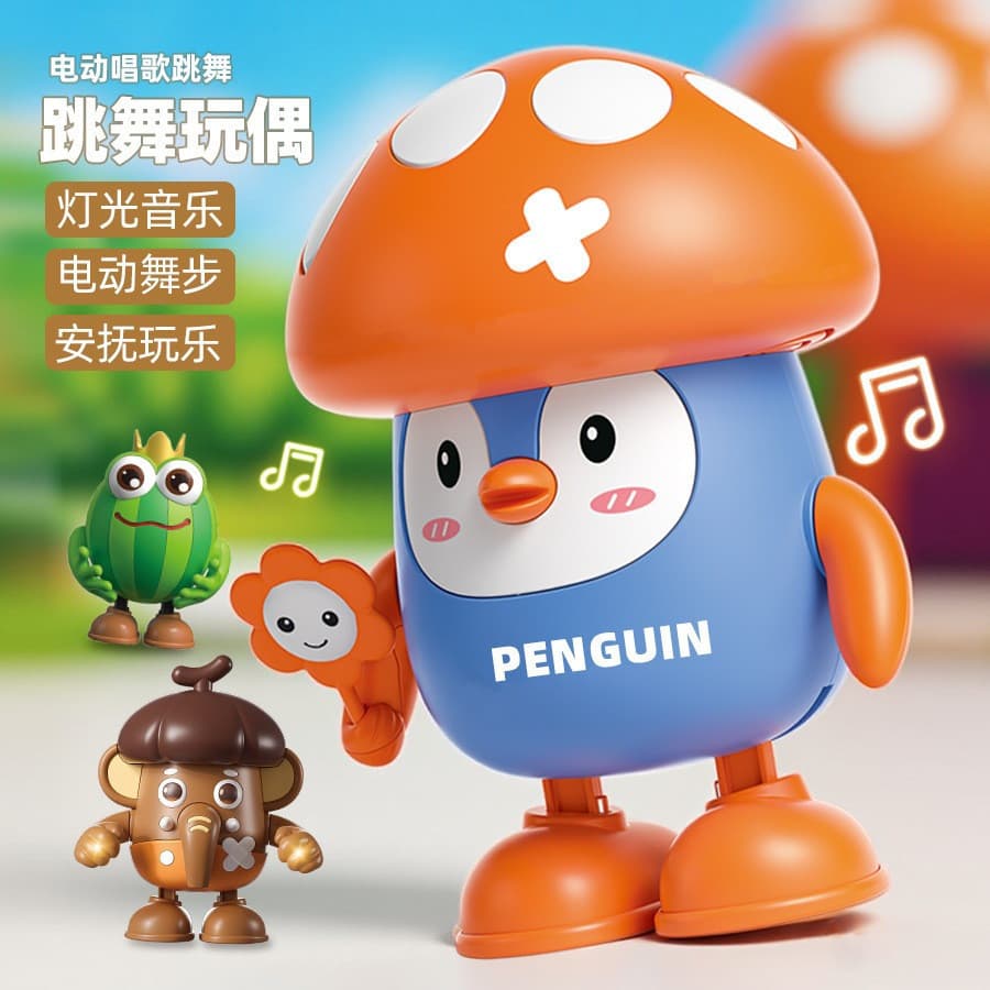 Dança elétrica robô brinquedo bonito forma cogumelo pinguim quadrado homem luz música crianças jogar casa brinquedo