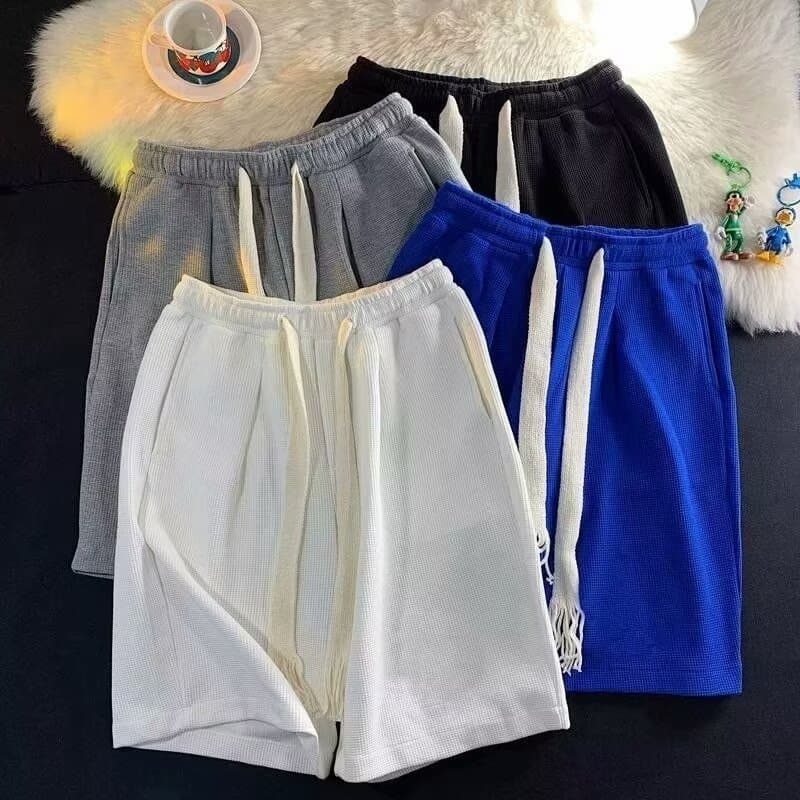Cor sólida Waffle masculino feminino shorts masculino verão casa shorts fino solto exterior usar calças de cinco pontos