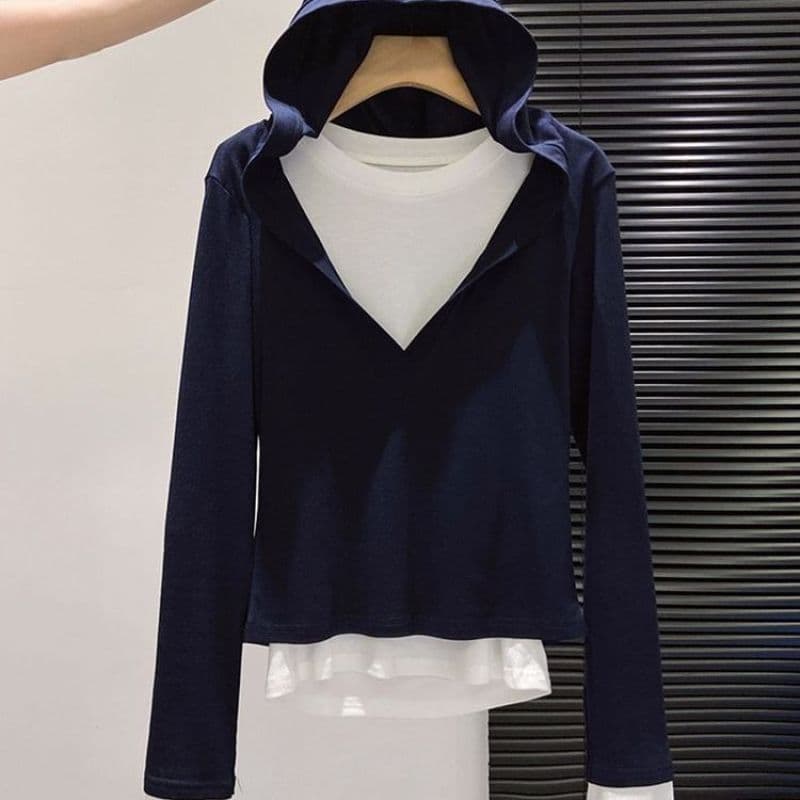 Top falso de duas peças de algodão Modal falso Base de duas peças feminino início do outono Design High-End contraste co