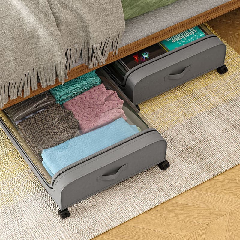 Cama curvada sob caixa de armazenamento com rodas transparente Anti-poeira grande capacidade roupas colchão cama caixa d