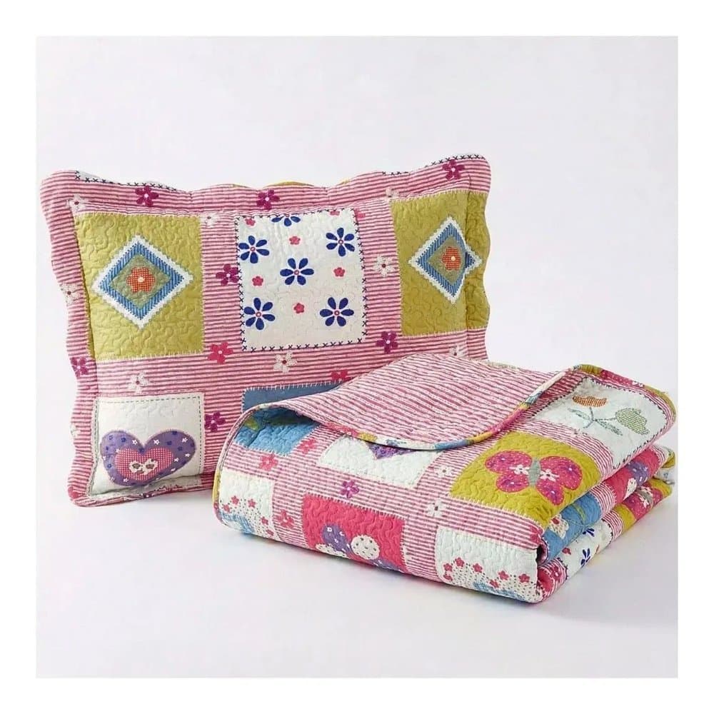 Kit Colcha Patchwork Infantil Menina 180x220 Solteiro - Flores Coração