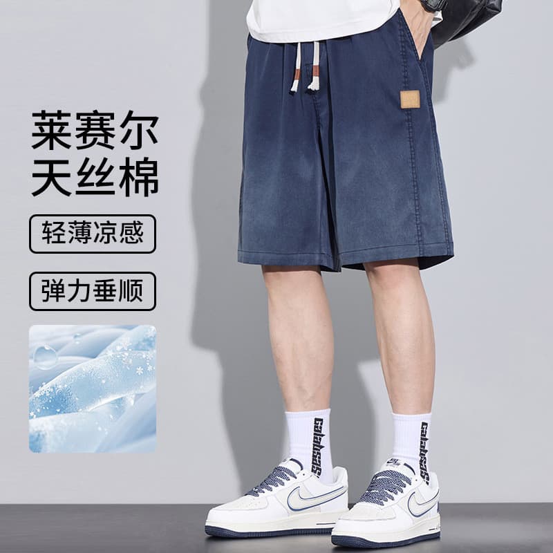 Shorts jeans de seda gelo masculino 2026 verão fino Tencel shorts de cinco pontos macacão americano esportes casuais cal