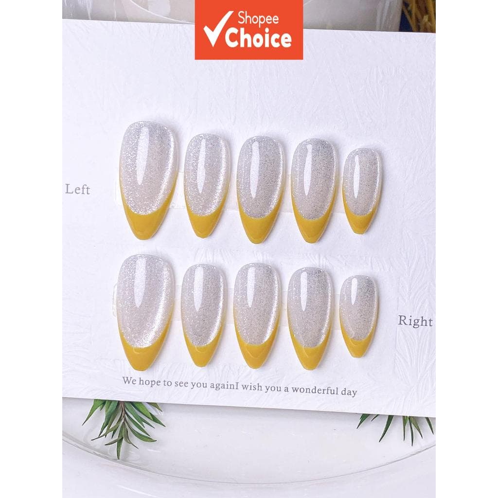 10 unhas postiças amarelas brilhantes com prensa francesa, elegantes, minimalistas, sofisticadas e sensuais.