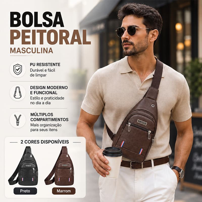 Bolsa Peitoral Masculina Bolsa de Peito Crossbody Couro Sintético PU Alça Ajustável Múltiplos Bolsos Uso Diário