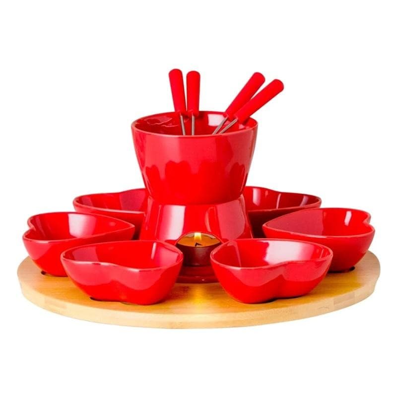 APARELHO FONDUE L'HERMITAGE C/ BASE EM BAMBU 14PÇS COR VERMELHA