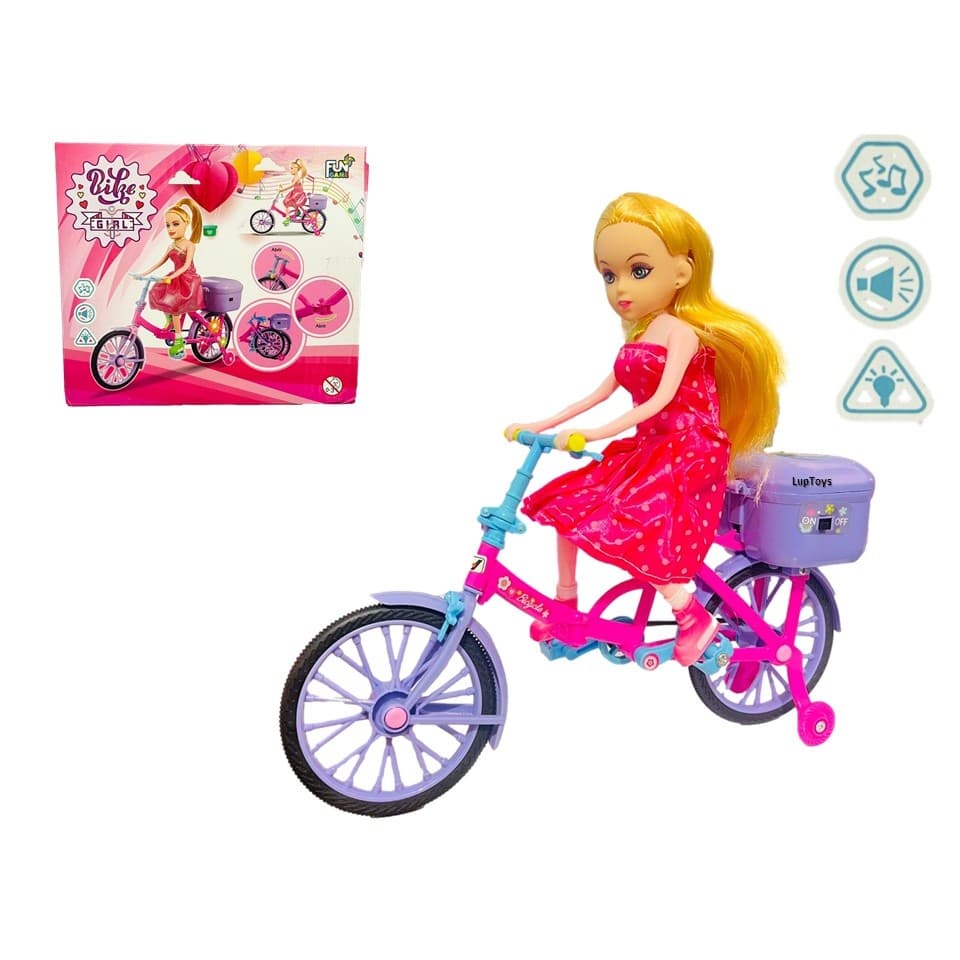 Boneca Musical Rosa Ciclista Articulada Anda e Pedala Com Luzes e Som a Pilha