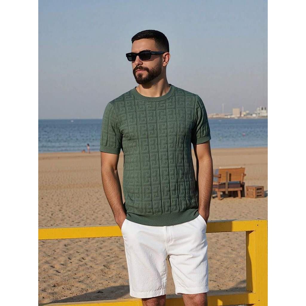 Camiseta Masculina de Malha Jacquard Branca – Casual Elegante, Leve e Confortável para Primavera Verão