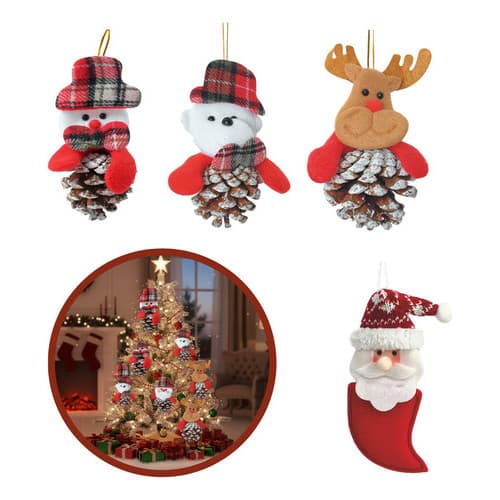 4 Enfeites Árvore Natal Decoração Pinhas Rena Papai Noel - V - Vermelho - Sortido