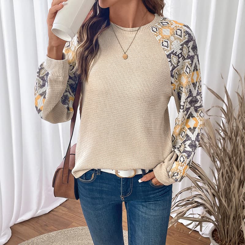 Outono Feminino casual Camiseta Senhoras Topos E Inverno Emenda Estilo Étnico Bottoming