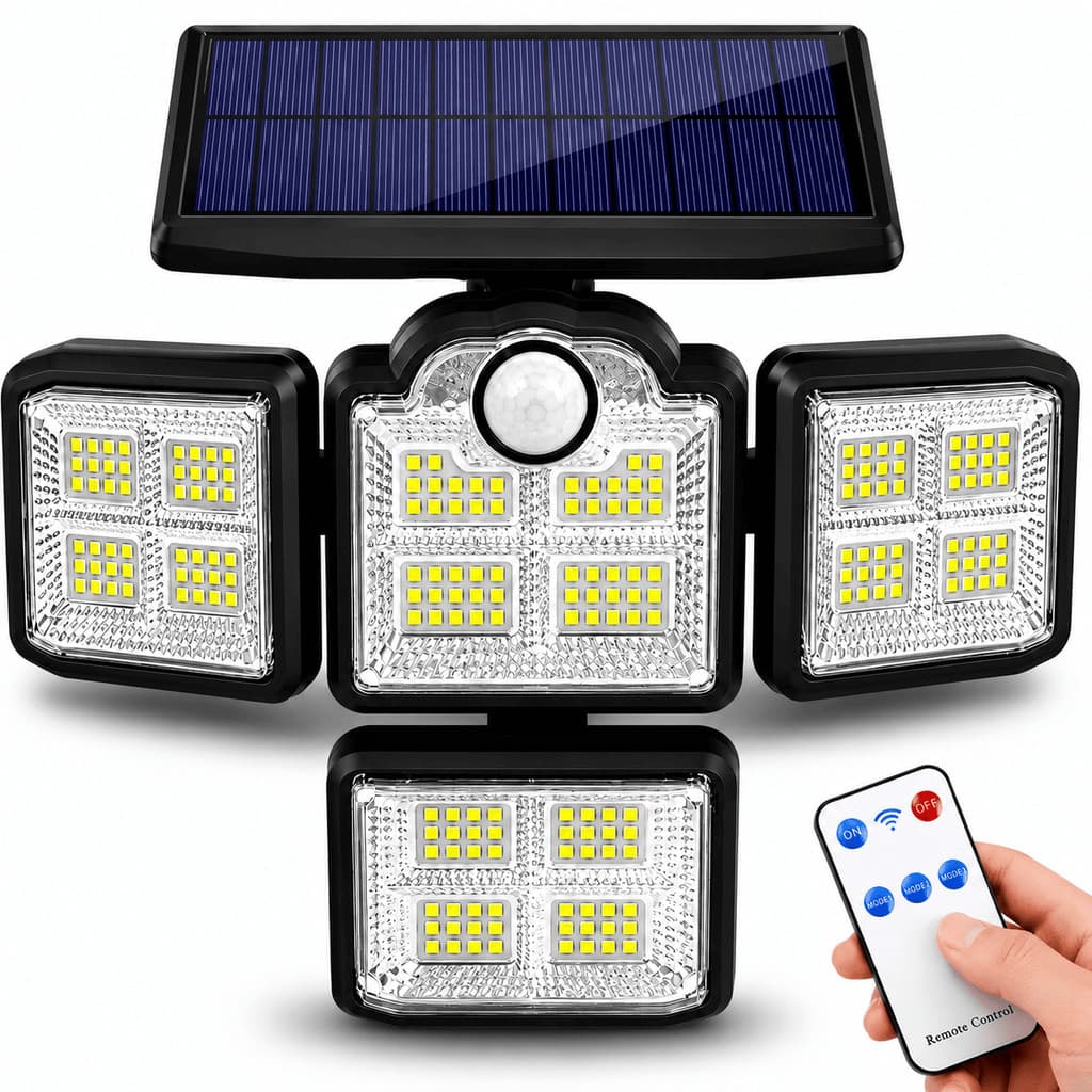 Luminaria Solar 4 Cabecas Refletor Solar De Led 600W Com Controle Remoto Sensor De Presença Parede Poste Prova Dagua