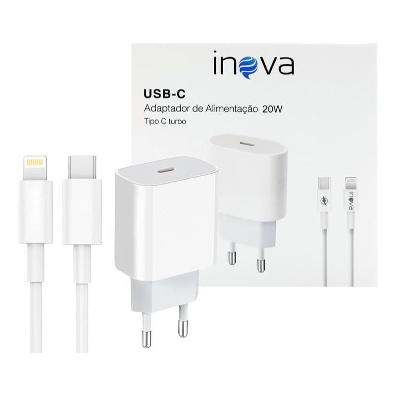 Fonte Carregador Turbo 20W + Cabo Carregador Rápido Tipo Light USB-C Original Inova  4.8  705