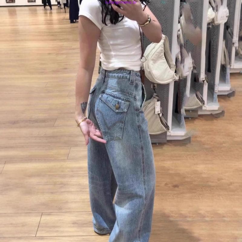 Americano Retro calças de brim retas femininas primavera novo estilo tamanho grande gordura MM forma pêra solta mais mag