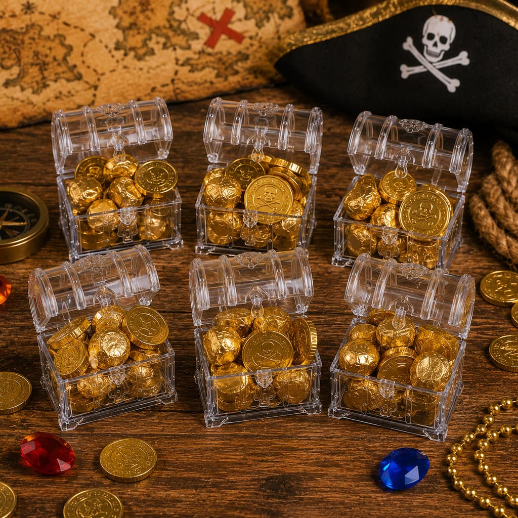 Baú Pirata Cristal Transparente Kit 6 Plástico Para Doces Lembrancinhas Festa Pirata Decoração Infantil