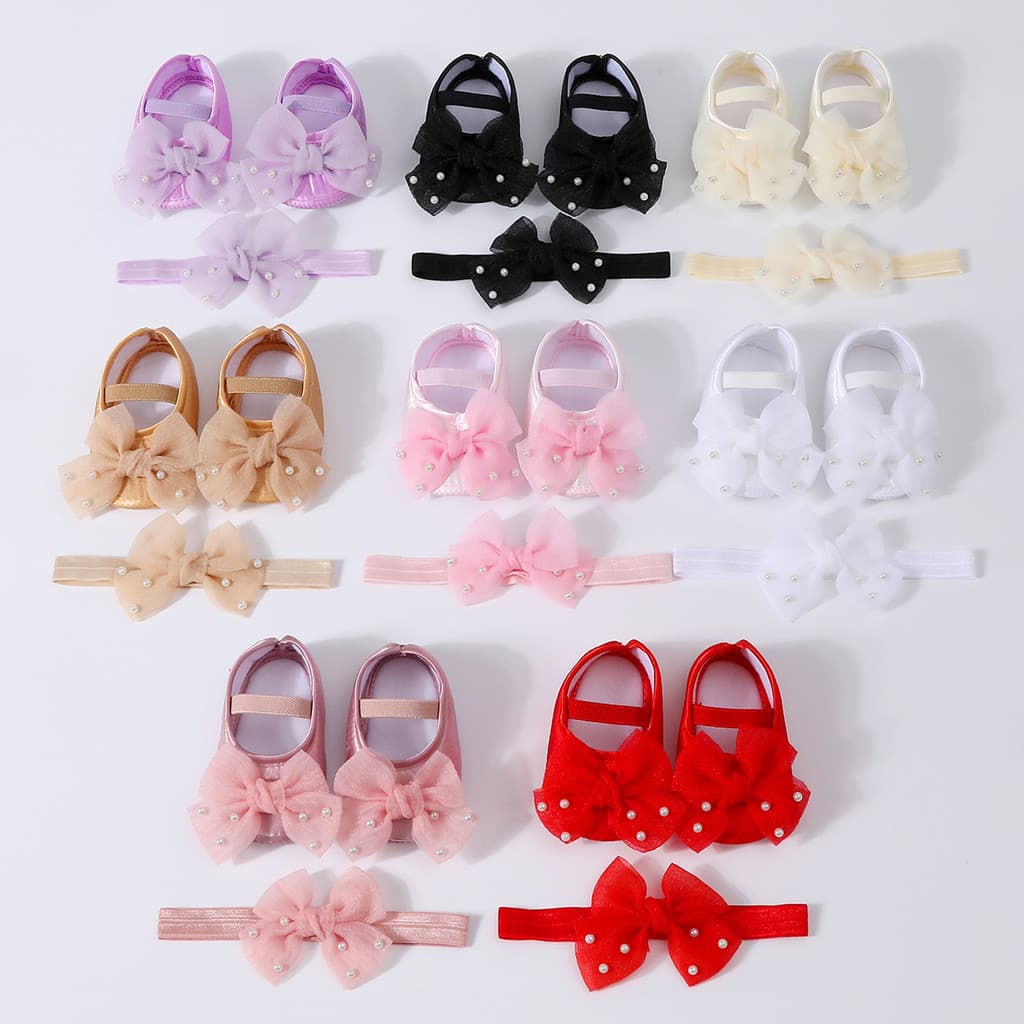 Conjunto de Sapatos de Bebê com Laço de Pérolas em Cor Sólida + Faixa de Cabelo, Sapatos para Crianças com Sola Macia, A