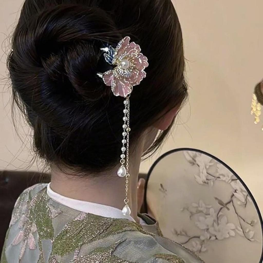 High-End cor chinesa Tianxiang esmalte cor peônia flor em forma de U hairpin novo estilo chinês hairpin antigo acessório
