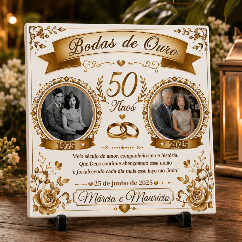 Azulejo Bodas de Ouro 50 Anos Personalizado com Fotos | Presente Casamento 50 Anos Decorativo com Suporte