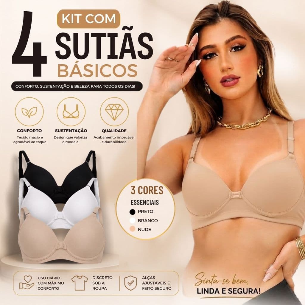 Kit Com 4 Sutiãs Básicos Femininos com Alças Reforçadas e Ótima Sustentação P ao GG