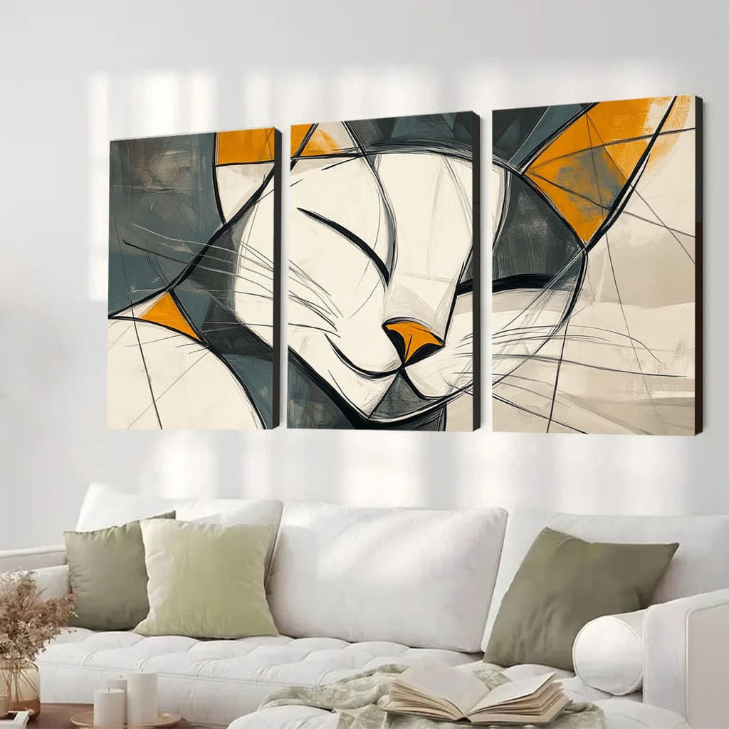 KIT 3 Quadros Decorativos Arte Abstrata Gato Sonhador Sala de Estar Quarto Decoração de Parede WT