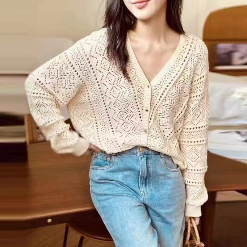 Estilo boêmio oco fino malha Cardigan feminino respirável com decote em V de manga comprida camisa de ar condicionado fe