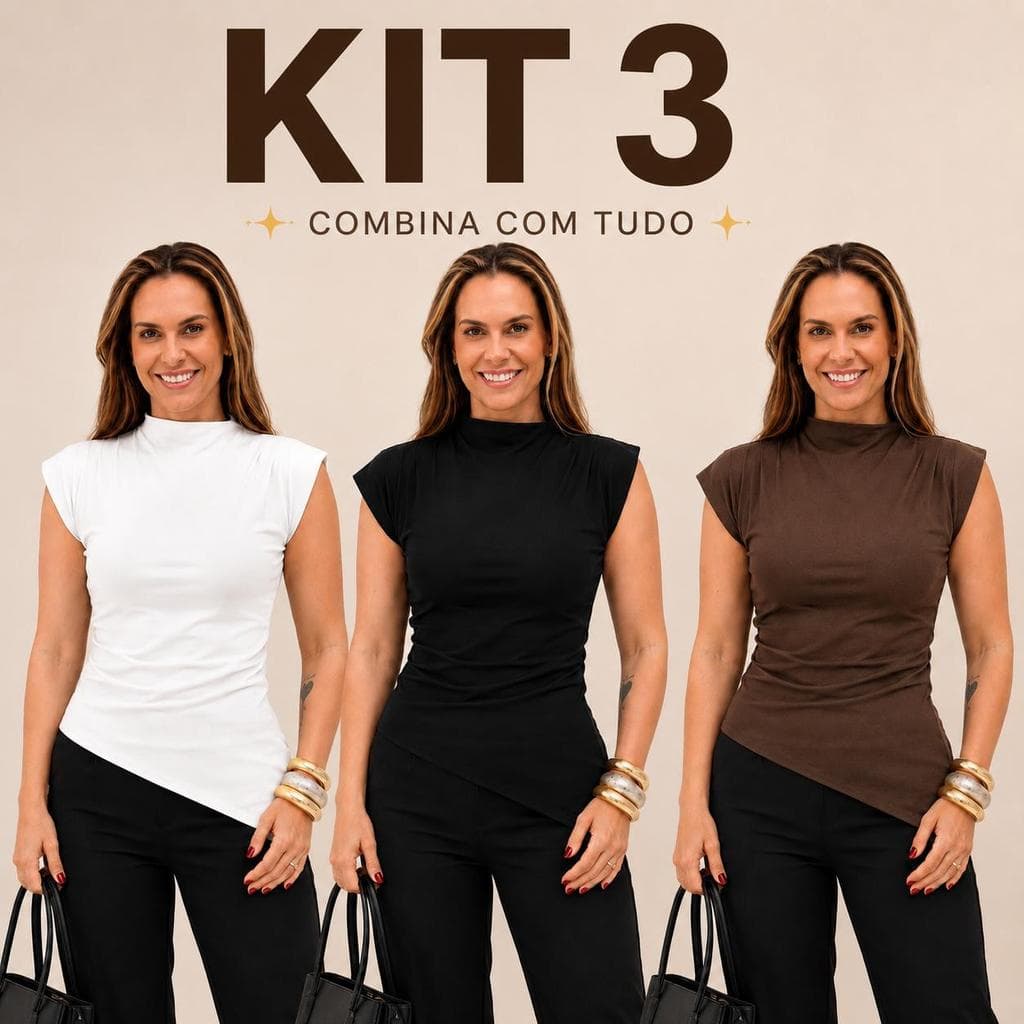 Kit 3 Blusa  Feminina Assimétrica Ribana Canelada Básica Moda Luxo Chic e Confortável Design Moderno e Elegante