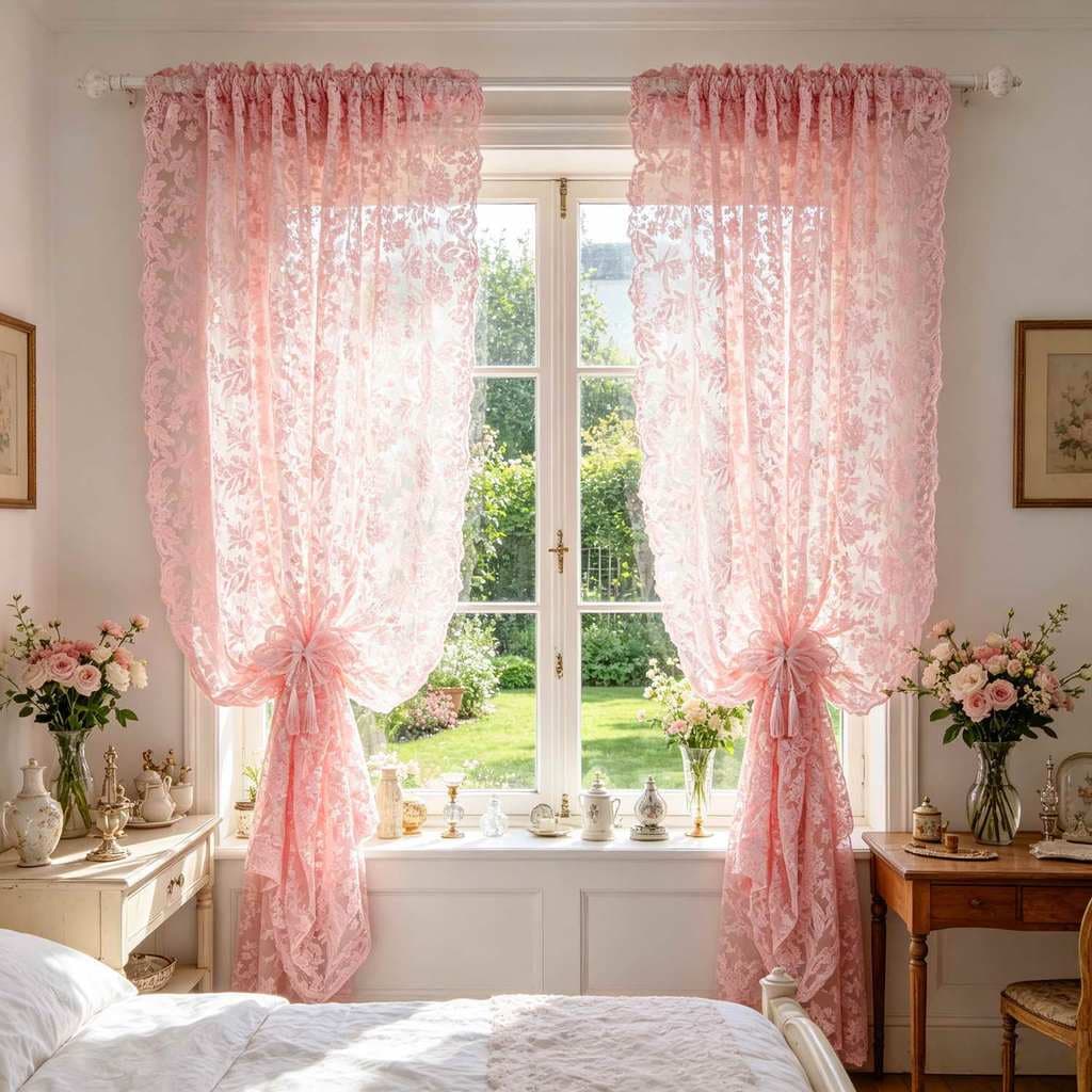 Cortina Transparente De Renda Rosa Blush Para Sala De Estar Cortinas De Janela Chique Gasto Floral Scallop Edge Meninas