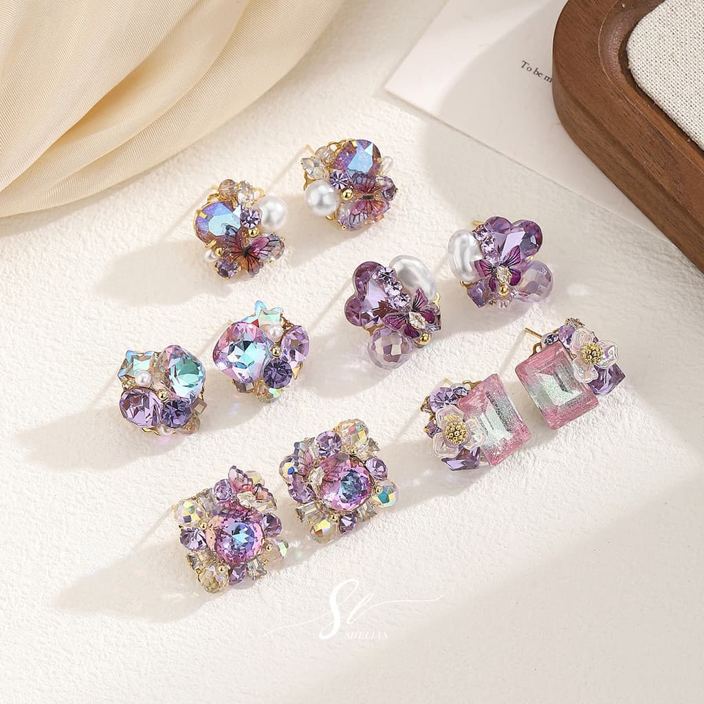| kit brinco aço inoxidável | 【cartelas de brincos feminino】 ☃Estilo coreano indústria pesada ametista flor brincos luz