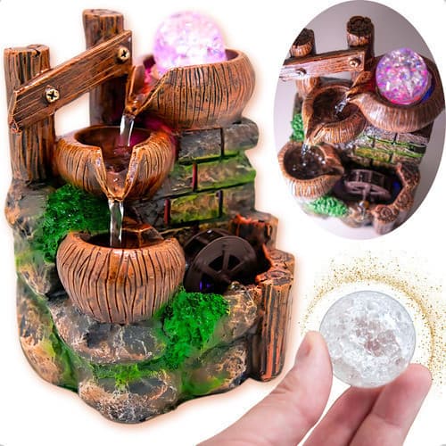 Fonte Cascata Decorativa 220V com Moinho Colorido, Cascata Tripla Água Relaxante Enfeite para Mesa Interna