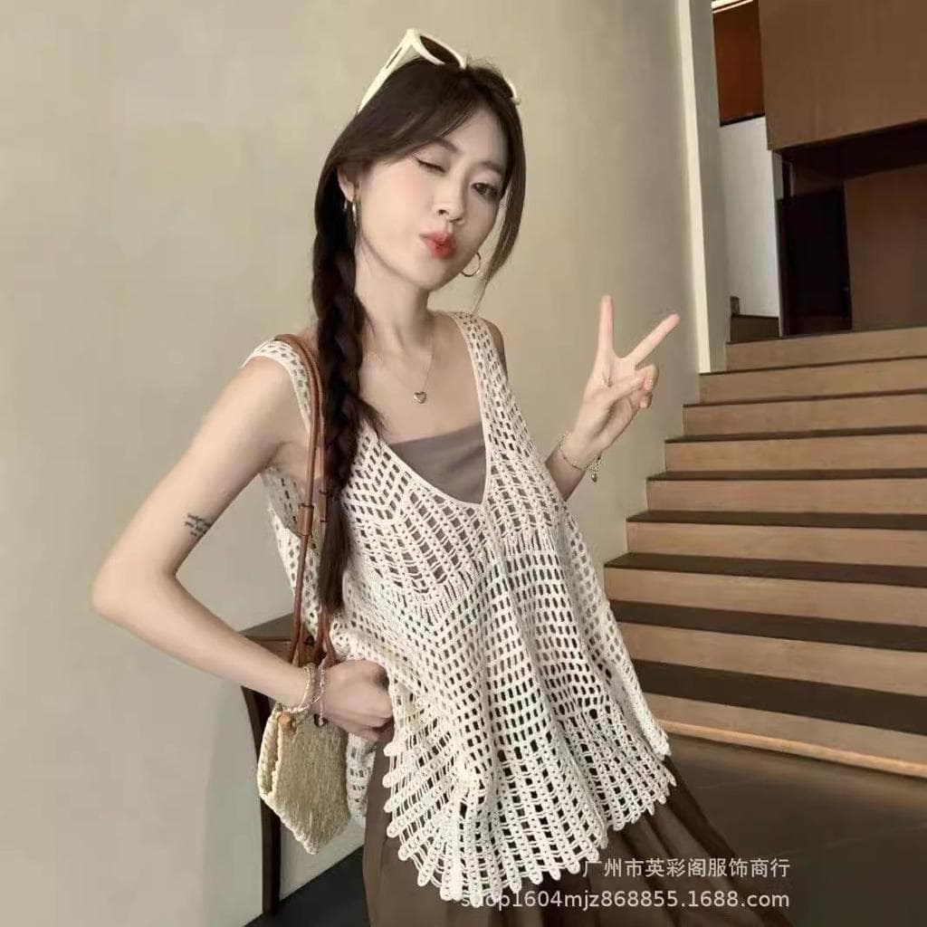 Verão novo estilo crochê oco malha colete feminino topo solto exterior sem mangas estilingue camiseta exterior Wear lega