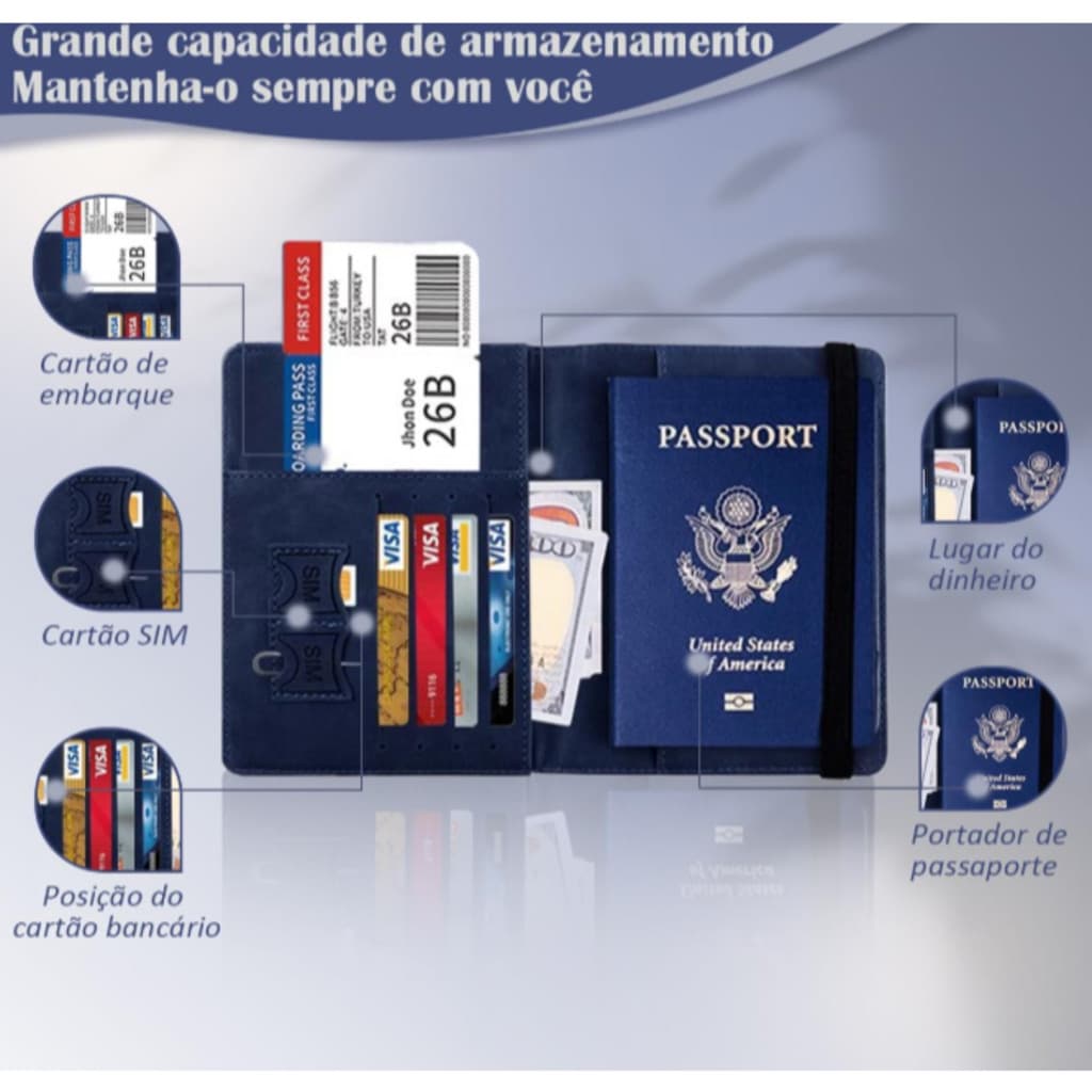 Porta Passaporte Documentos Cartões Cédulas Viagem Sintético Passaporte RFID