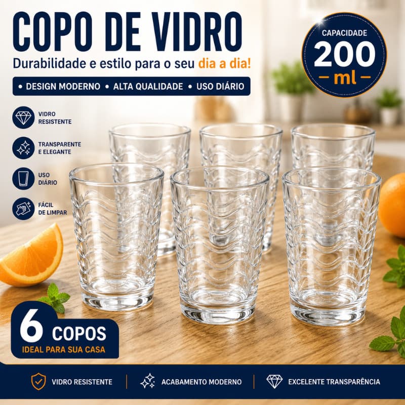 Kit 6 Copos de Vidro 200ml Jogo Copo Água Suco Refrigerante Resistente Moderno |3610-STRIPES| Novidade