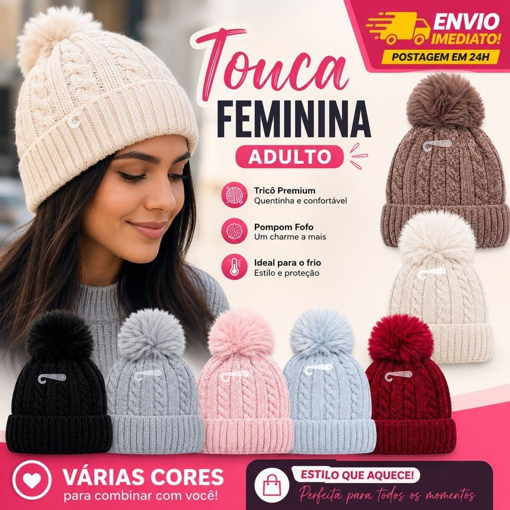 Touca De Lã Feminina Gorro Com Pompom Adulto Inverno Forrada