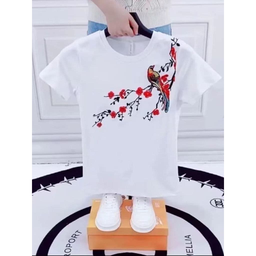 Camiseta masculina de manga curta estilo chinês roupas de verão flor pássaro bordado na moda magro-ajuste em torno do pe