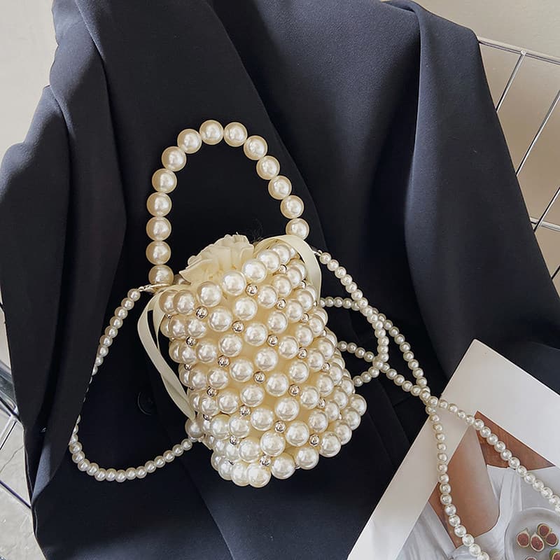 bolsa transversal feminino Bolsa Bolsa de pérola com saia francesa oca tecida à mão