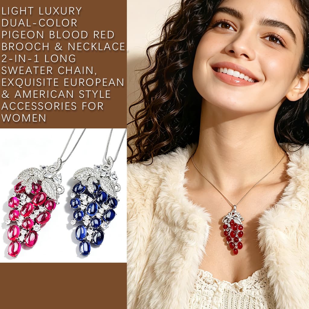 Broche Colar 2 em 1 Luxo Duas Cores Pedra Sangue de Pomba Vermelha Corrente Longa para Camisola Estilo Europeu Americano