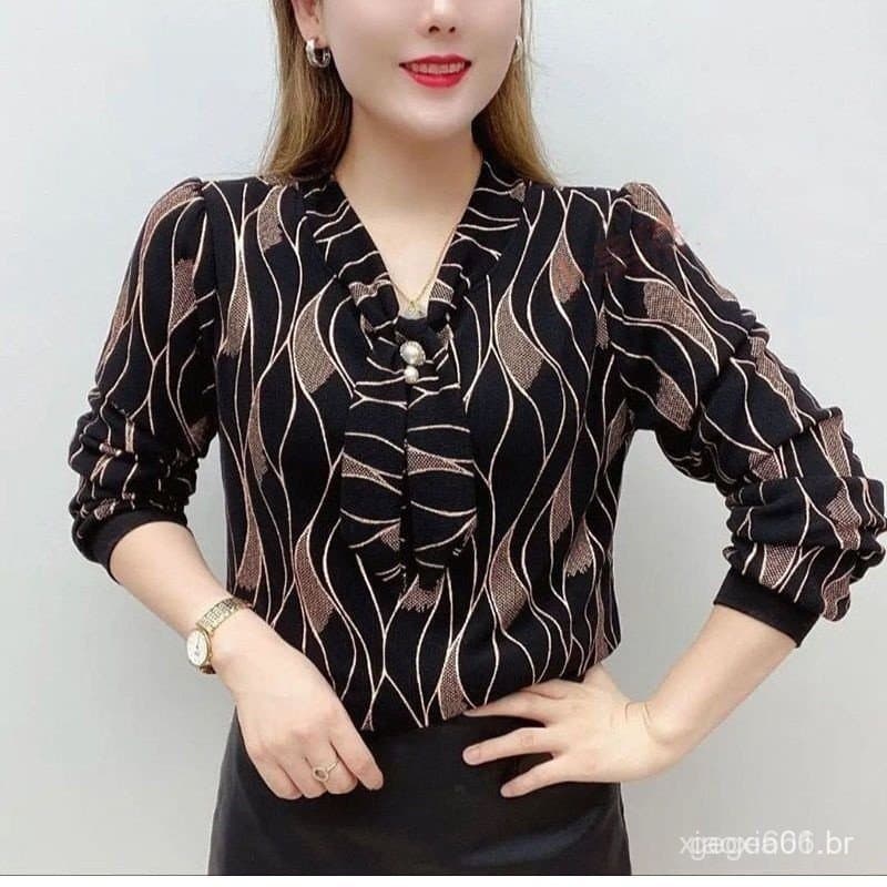 Blusa Feminina Plus Size Estampada para Mães, Estilo Casual de Outono, Decote em V, L1CG #         LSBG.