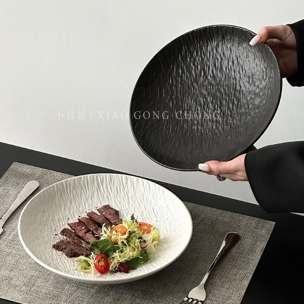 Placa profunda de cerâmica com padrão de pedra, placa de luxo para bife doméstico, prato de macarrão de alta qualidade,
