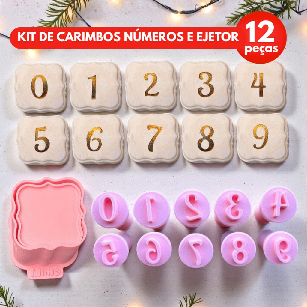 Kit Carimbo Números e Ejetor Moldura Vintage Brigadeiro, Doce, Massa e Biscoito - 12 peças