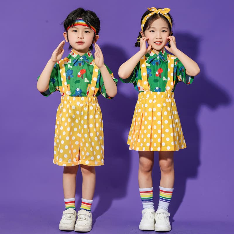 [Estoque pronto, envio rápido] Fantasia de performance infantil para o dia das crianças, macacão de bolinhas para jardim