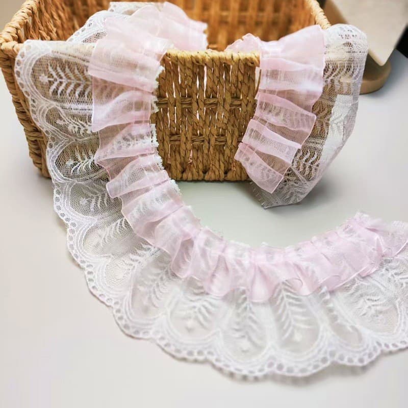 Renda plissada rosa e branca de 9cm de largura para projetos DIY de roupas femininas, vestidos de boneca, acessório maci